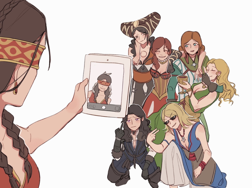6+girls, abi-kamikakushi, black_hair, blonde_hair, brown_gloves, brown_hair, chalice, closed_eyes