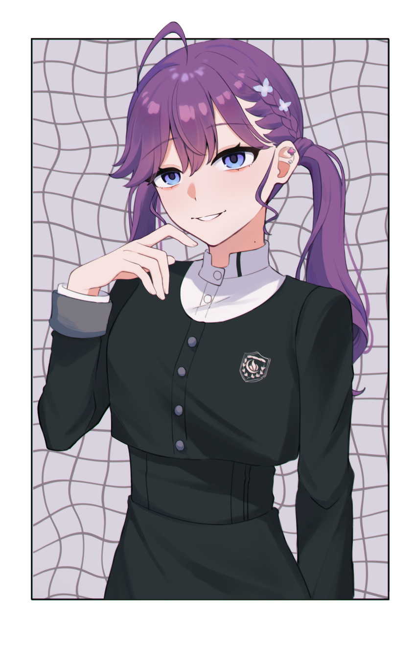 1girl, absurdres, ahoge, ansan_0927, bags_under_eyes, black_jacket, black_skirt, border