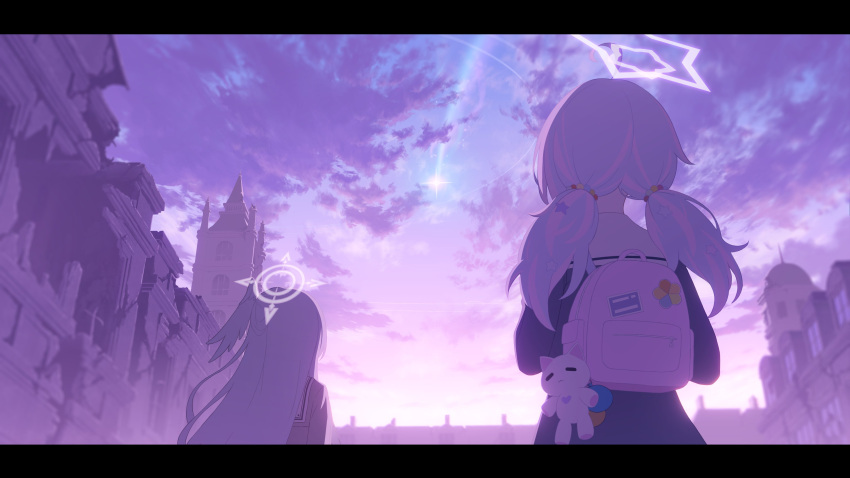 2girls, absurdres, blue_archive, building, european_architecture, gradient_sky, halo, highres