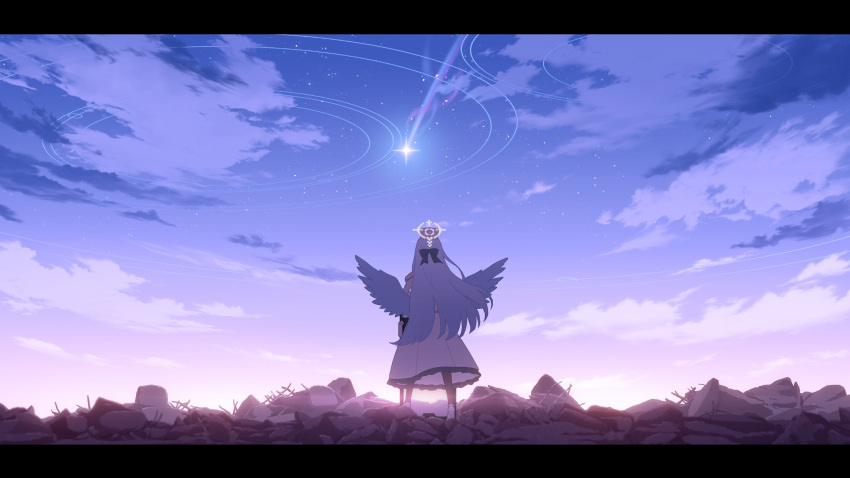 1girl, absurdres, blue_archive, gradient_sky, halo, highres, meteor, mine_(blue_archive)