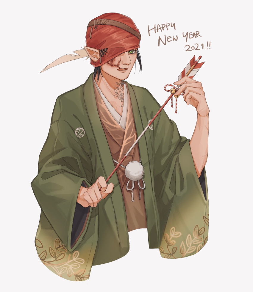 1boy, 2021, abi-kamikakushi, alternate_costume, arrow_(projectile), bandeau, brown_kimono, elf