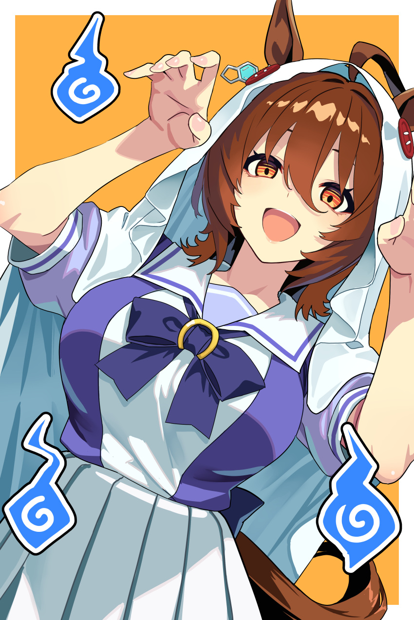 1girl, :d, absurdres, agnes_tachyon_(umamusume), animal_ears, border, breasts, brown_hair, highres, horse_ears, horse_girl, horse_tail, large_breasts, open_mouth, orange_background, reibun_(raven1119), school_uniform, skirt, smile, solo, tail, tracen_school_uniform, umamusume, white_border, white_skirt, yellow_eyes