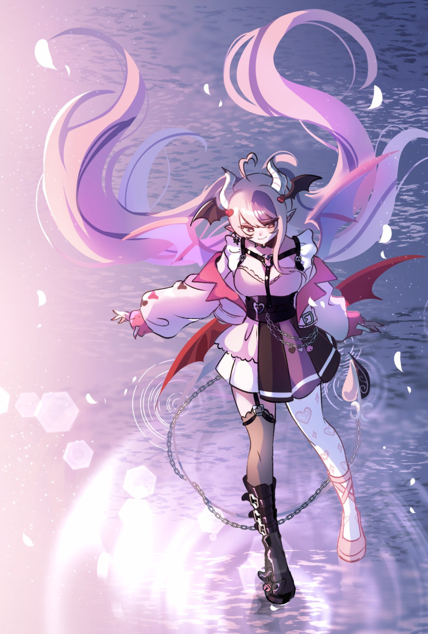 1girl, ahoge, asymmetrical_legwear, black_boots, black_thighhighs, boots, breasts, chain