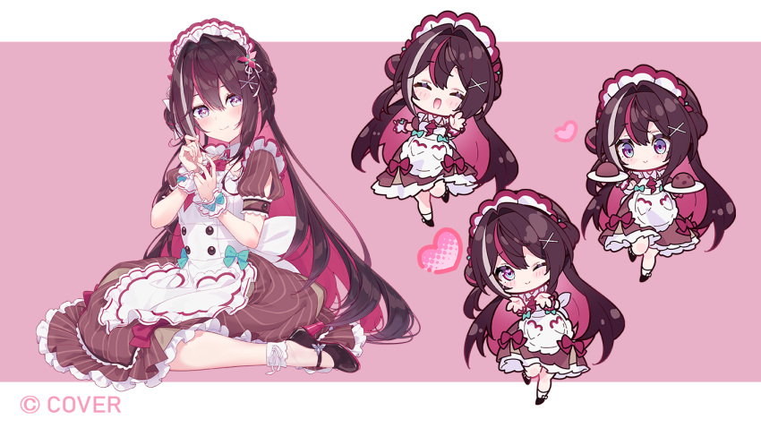 1girl, apron, azki_(hololive), black_hair, black_shoes, brown_dress, chibi, chibi_inset