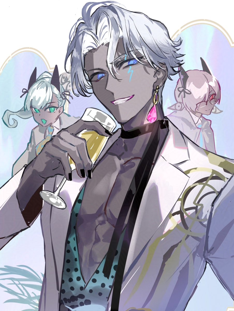 ..., 1girl, 2boys, animal_ears, black-framed_eyewear, black_choker, black_nails, black_shirt