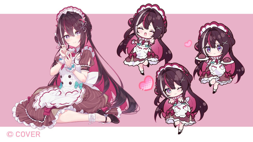 1girl, apron, azki_(hololive), black_hair, black_shoes, brown_dress, chibi, chibi_inset