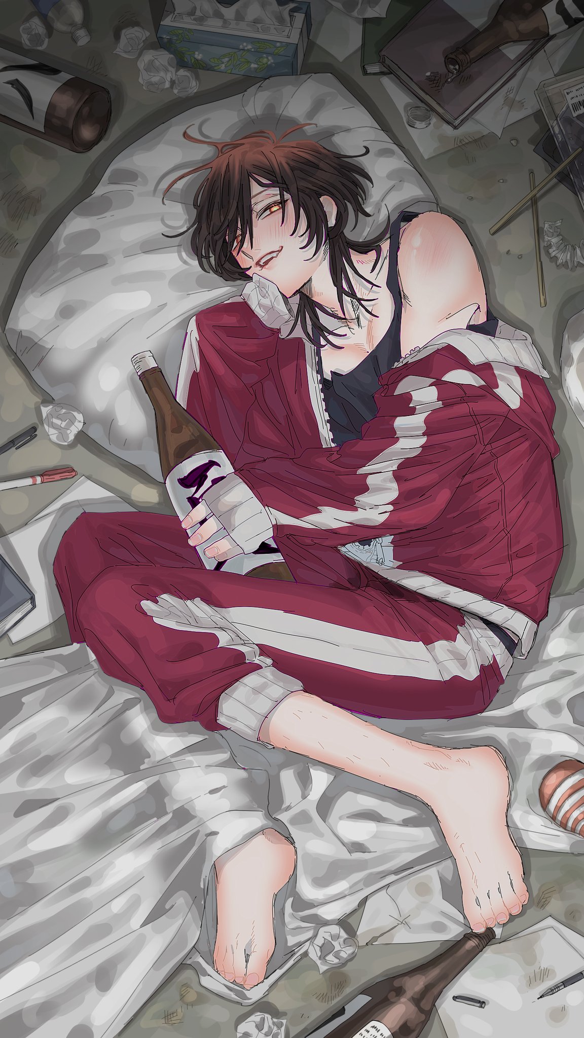 1boy, barefoot, biting_own_lip, black_tank_top, blanket, blush, bonnouji_momoha, book, bottle, brown_hair, collarbone, crumpled_paper, curled_up, dirty, dr.k_(doctorkodok), fang, full_body, genderswap, genderswap_(ftm), hair_between_eyes, hand_on_own_chin, head_on_pillow, highres, holding, holding_bottle, jacket, kimi_no_koto_ga_dai_dai_dai_dai_daisuki_na_100-nin_no_kanojo, leg_hair, lid, looking_at_viewer, male_focus, medium_hair, messy_hair, off-shoulder_jacket, off_shoulder, orange_eyes, pants, paper, pectoral_cleavage, pectorals, pen, pillow, red_jacket, red_pants, sleeves_past_fingers, sleeves_past_wrists, solo, tank_top, tissue_box, track_jacket, track_pants, track_suit, trash, used_tissue, water_bottle, wine_bottle, wolf_cut, zipper, zipper_pull_tab