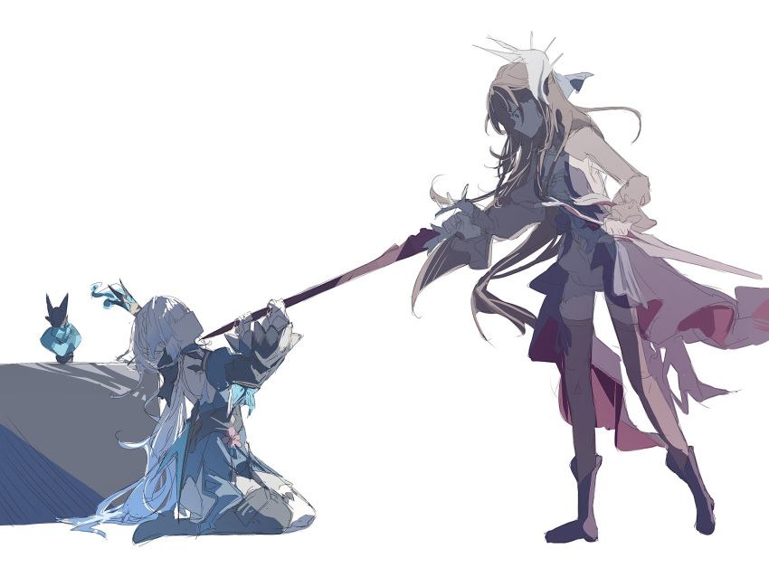 2girls, black_boots, black_hair, blade_to_throat, blue_dress, blue_hair, boots, cerydra_(honkai:_star_rail)