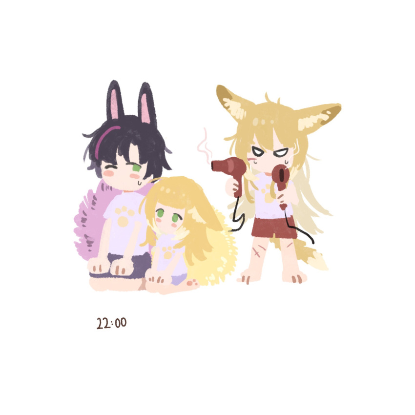 1boy, 2girls, animal_ears, arknights, black_hair, blonde_hair, drying, drying_hair, fox_boy, fox_ears, fox_girl, fox_tail, green_eyes, hair_dryer, highres, kitsune, kyuubi, long_hair, multicolored_hair, multiple_girls, multiple_tails, simple_background, streaked_hair, suzuran's_father_(arknights), suzuran_(arknights), tail, vulpisfoglia_(arknights), white_background, yuec