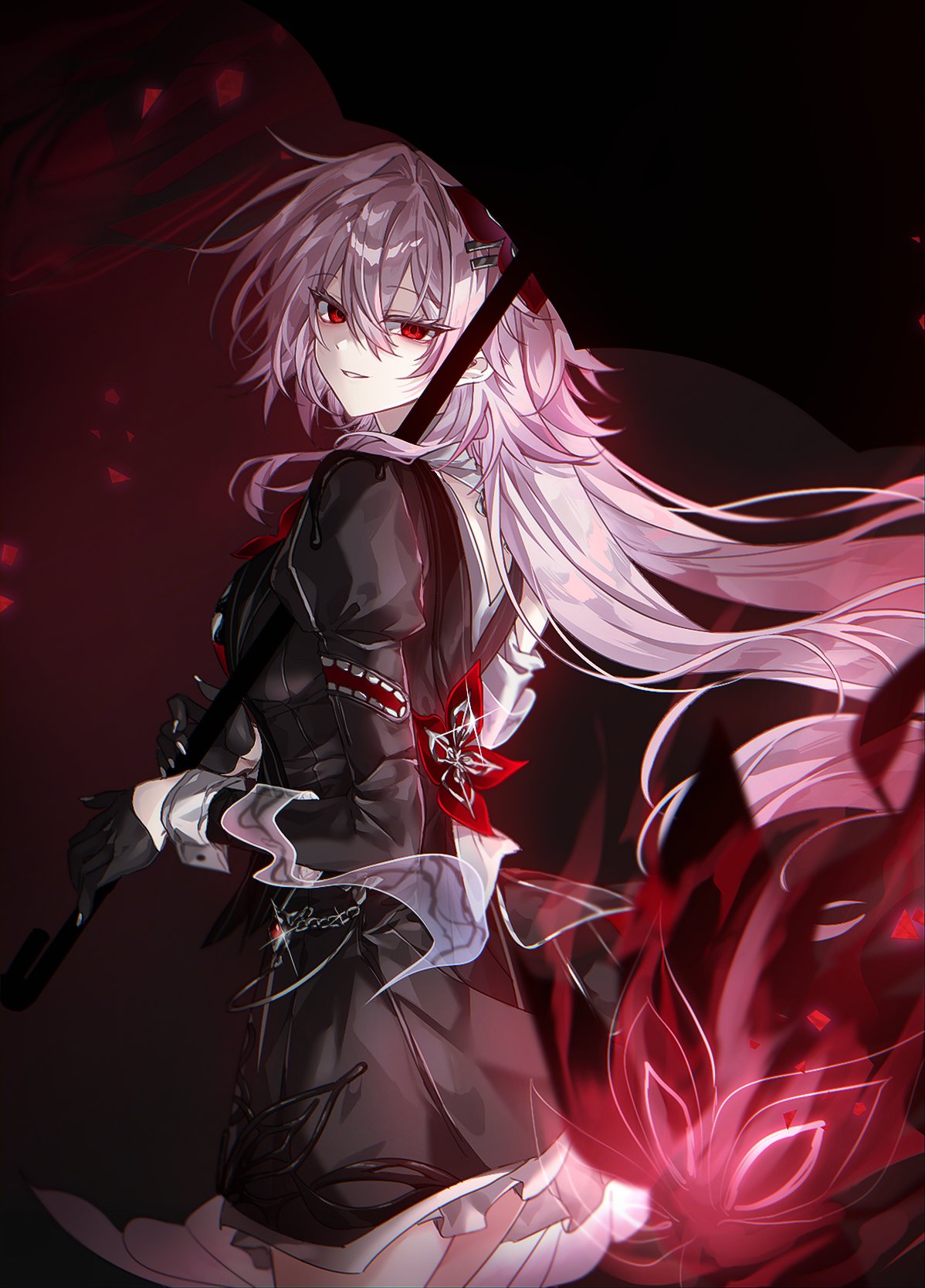 1girl, back, black_coat, black_dress, black_flower, black_gloves, black_umbrella, coat, cowboy_shot, dress, evernight_(honkai:_star_rail), flower, frills, from_behind, from_side, gloves, glowing, hair_between_eyes, hair_flower, hair_ornament, highres, holding, holding_umbrella, honkai:_star_rail, honkai_(series), jewelry, light_smile, long_hair, looking_at_viewer, looking_back, march_7th_(honkai:_star_rail), pero_(jang_h), pink_hair, red_background, red_eyes, red_flower, sleeve_cuffs, split_ponytail, umbrella