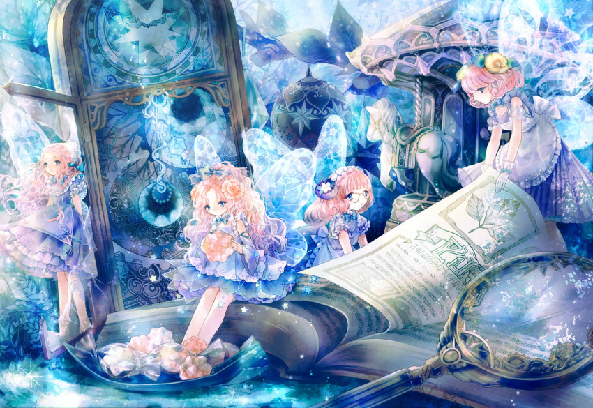 4girls, analog_clock, apron, bare_legs, blue_dress, blue_eyes, blue_theme, book