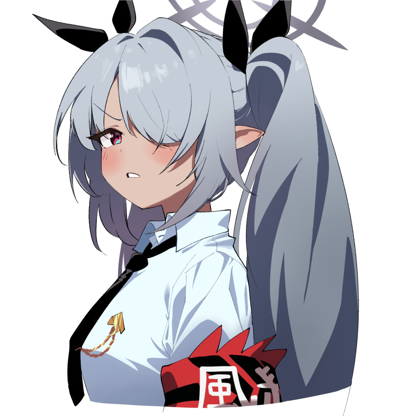 armband, black_necktie, blue_archive, dark_skin, grey_hair, grey_halo, hair_over_one_eye, halo