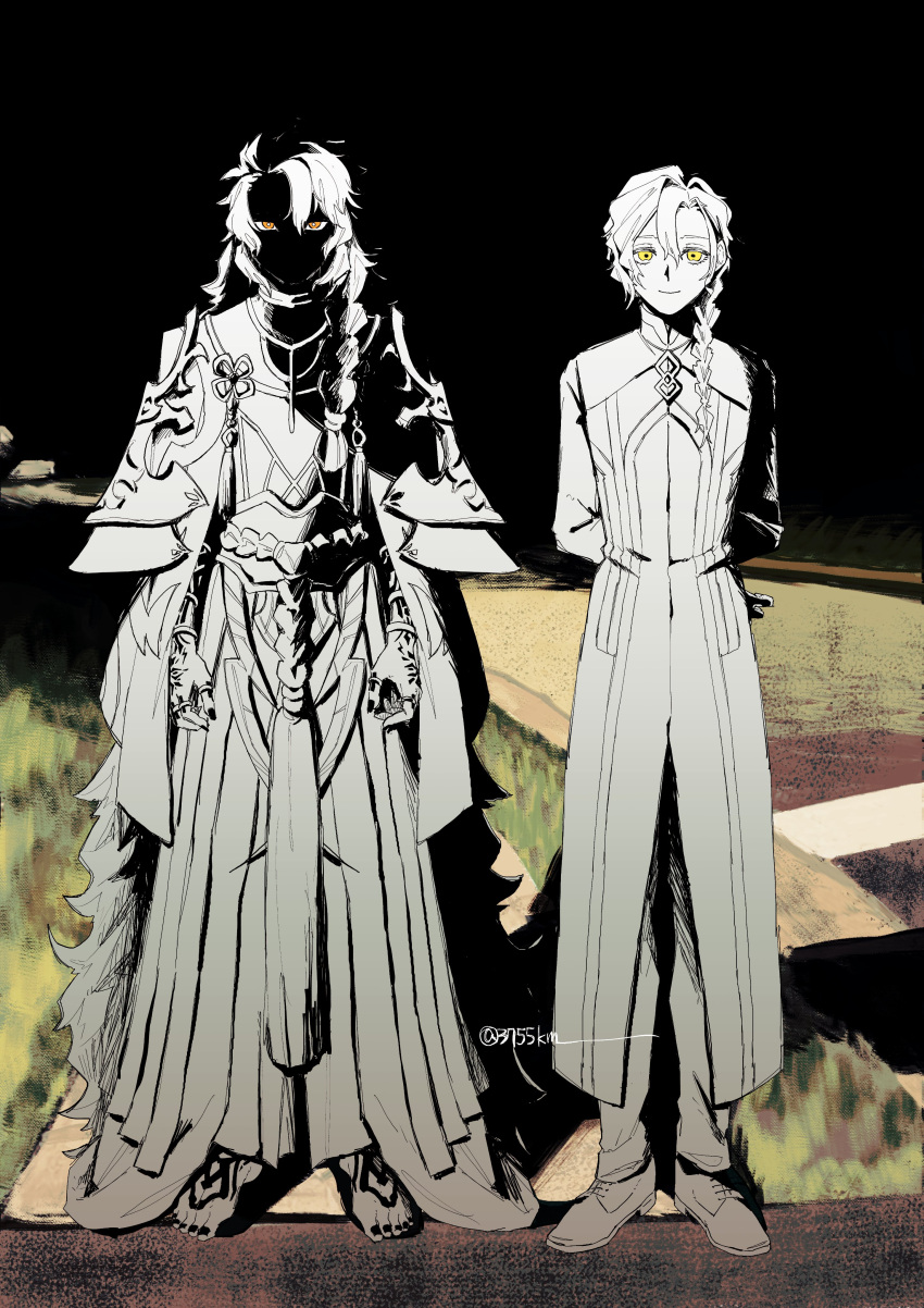 2boys, 3755km, absurdly_long_hair, absurdres, alt_text, arm_tattoo, arms_at_sides, arms_behind_back