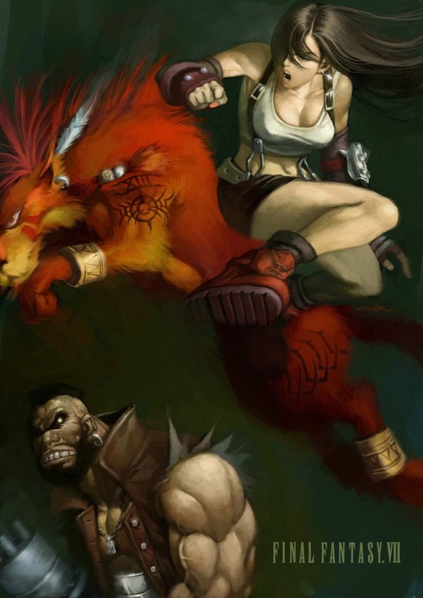 1girl, barret_wallace, beard, black_hair, boots, breasts, cleavage, cuson, earrings, facial_hair, feathers, final_fantasy, final_fantasy_vii, gun, jewelry, large_breasts, lion, long_hair, midriff, miniskirt, muscle, nail_polish, necklace, red_xiii, skirt, tank_top, tattoo, tifa_lockhart, title_drop, weapon