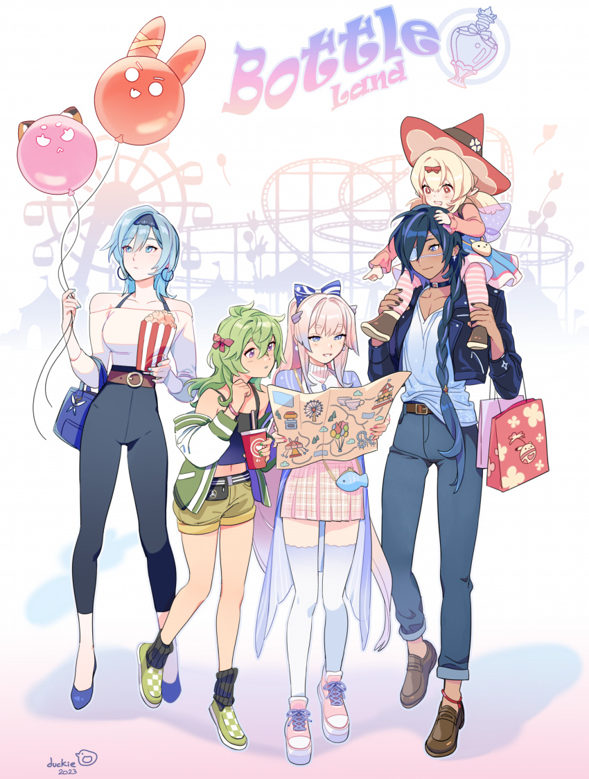1boy, 4girls, alternate_costume, anklet, bag, balloon, belt, black_choker, black_pants, blonde_hair, blue_bag, blue_eyes, blue_hair, blue_headband, blue_shoes, bow, braid, braided_ponytail, brown_belt, casual, choker, collei_(genshin_impact), commentary_request, crop_top, cropped_jacket, dark-skinned_male, dark_skin, denim, duckie, earrings, english_commentary, eula_(genshin_impact), eyepatch, food, genshin_impact, gradient_hair, green_hair, green_shoes, green_shorts, hair_bow, hat, headband, highres, holding, holding_food, holding_map, hoop_earrings, jacket, jeans, jewelry, kaeya_(genshin_impact), klee_(blossoming_starlight)_(genshin_impact), klee_(genshin_impact), loafers, long_hair, long_sleeves, map, map_(object), medium_hair, milkshake, mixed-language_commentary, multicolored_hair, multiple_girls, off-shoulder_shirt, off_shoulder, open_clothes, open_jacket, pants, pink_bow, pink_hair, pink_shirt, popcorn, purple_jacket, red_eyes, red_hat, sangonomiya_kokomi, shirt, shirt_partially_tucked_in, shoes, shorts, shoulder_bag, sneakers, thigh-highs, twintails, violet_eyes, white_shirt, white_thighhighs, witch_hat