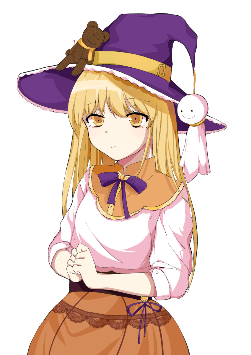 absurdres, blonde_hair, bow, hat, highres, long_hair, non-web_source, orange_skirt, orant_(minecraftvszombie2), purple_bow, purple_hat, shiroxiaobai, shirt, skirt, teruterubouzu, white_shirt, witch_hat, yellow_eyes