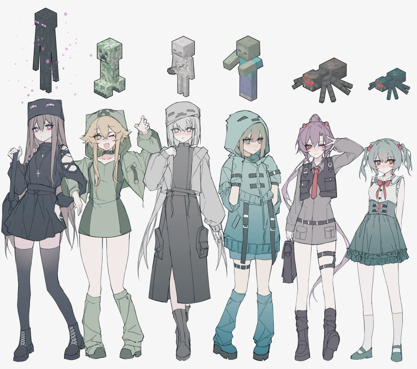 6+girls, absurdres, aqua_arm_warmers, aqua_eyes, aqua_hoodie, aqua_leg_warmers, arm_up, arm_warmers