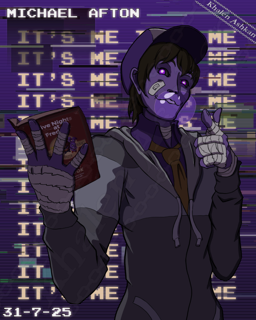 1boy, bandages, bandaid, bandaid_on_face, bludblegum, book, brown_hair, five_nights_at_freddy's, five_nights_at_freddy's_4, grey_jacket, hat, highres, holding, holding_book, jacket, khalenashkan, male_focus, michael_afton, necktie, non-web_source, purple_shirt, security_guard, shirt, short_hair, teeth, violet_eyes
