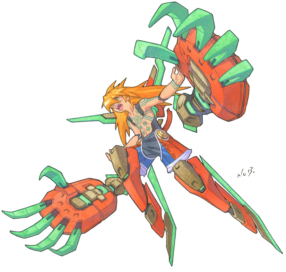 1boy, dahak-azi03, full_body, fusion, little_tail_bronx, long_hair, male_focus, mecha, official_art, open_mouth, orange_hair, red_savarin, red_savarin_(trance), robot, shorts, signature, simple_background, solatorobo, solo, tachi-e, third-party_source, topless_male, traditional_media, white_background, yellow_eyes, yuuki_nobuteru
