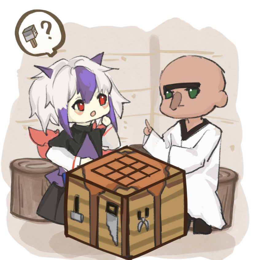 ?, chibi, crafting_table_(minecraft), dispenser_(minecraft), highres, minecraft, minecraft_vs_zombies_2, non-web_source, pointing, shiroxiaobai, spoken_question_mark, tokiko_(touhou), touhou, villager_(minecraft), wooden_stool