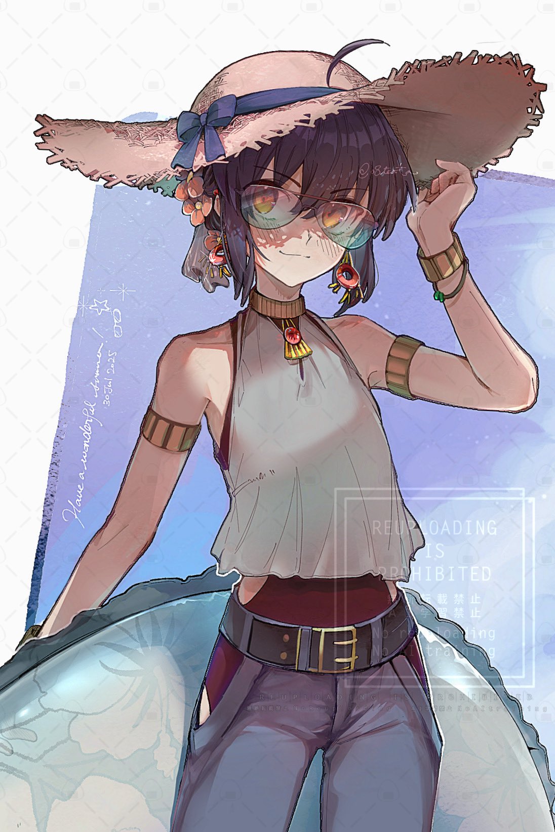 1other, adjusting_clothes, adjusting_headwear, ahoge, alternate_costume, alternate_hairstyle, armlet, belt