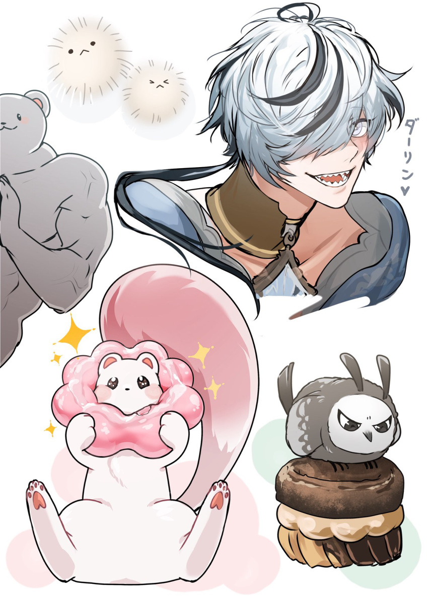 1boy, ahoge, animal, bird, black_hair, blade_(nu_carnival), blue_gemstone, blue_shirt
