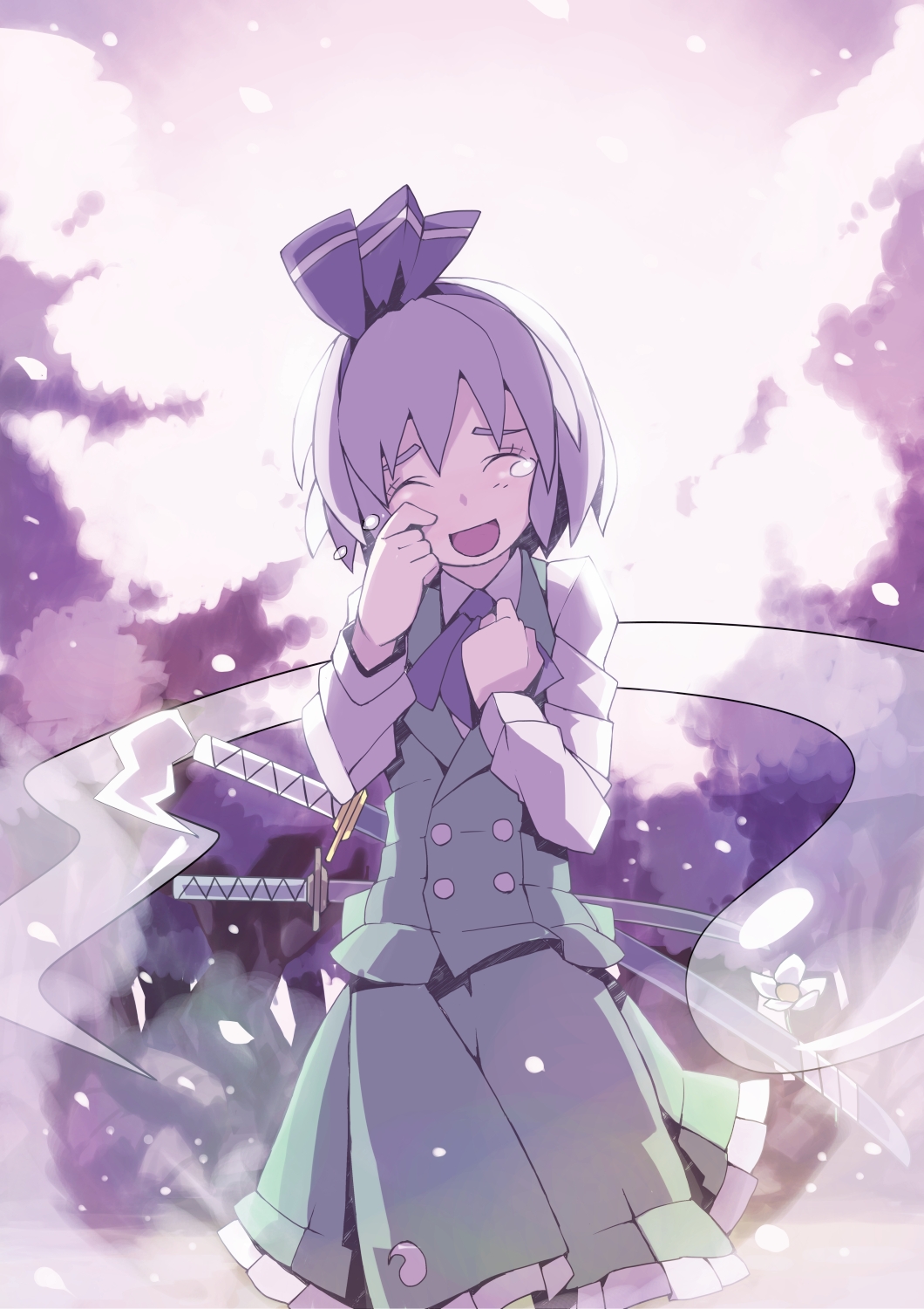 ascot, cherry_blossoms, closed_eyes, d@i, dress, eyes_closed, ghost, green_dress