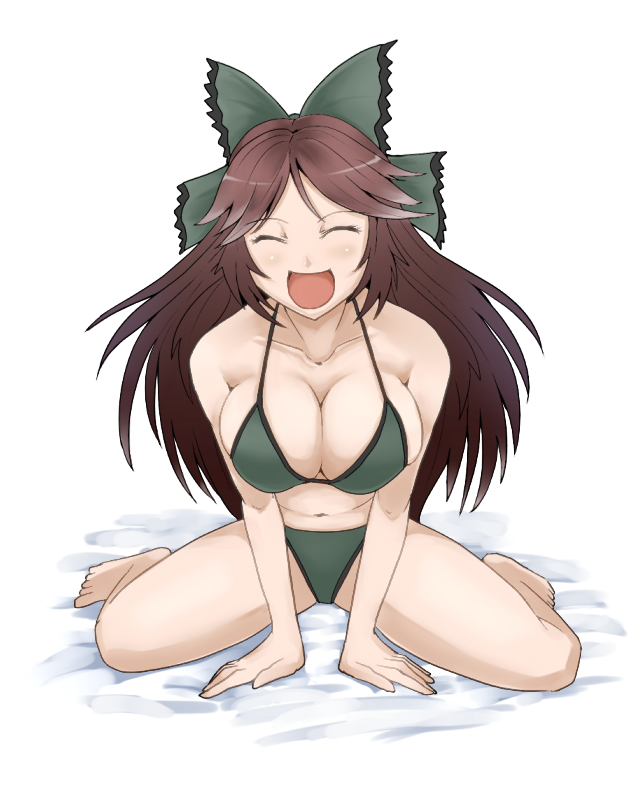 :d, all_fours, barefoot, bikini, bow, breasts, brown_hair, cleavage, closed_eyes, collarbone, eyes_closed, gomibuta_kuzutarou, hair_bow, large_breasts, long_hair, open_mouth, reiuji_utsuho, shoblack, sitting, smile, solo, swimsuit, touhou, v_arms, wariza