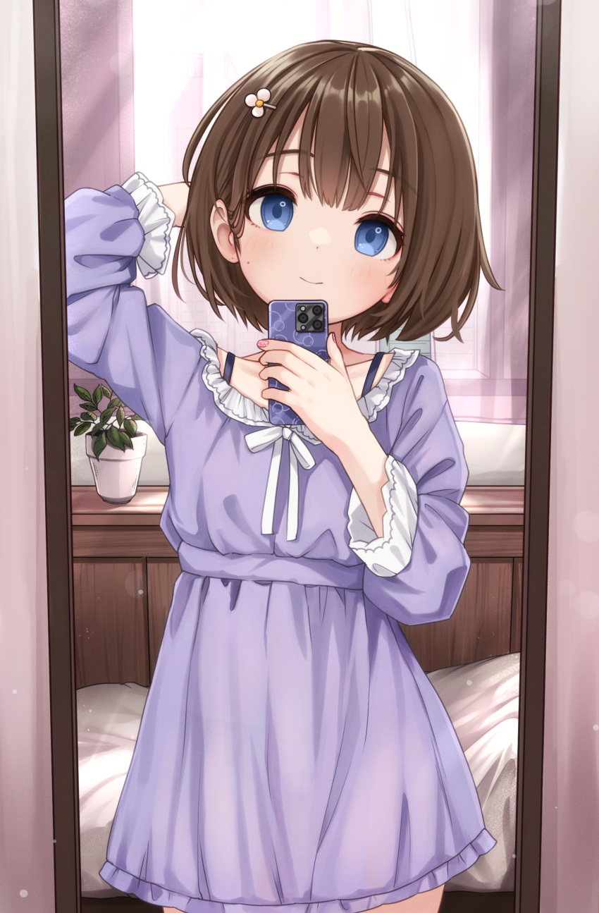 1girl, absurdres, blue_eyes, brown_hair, cellphone, comodox, dress, flower