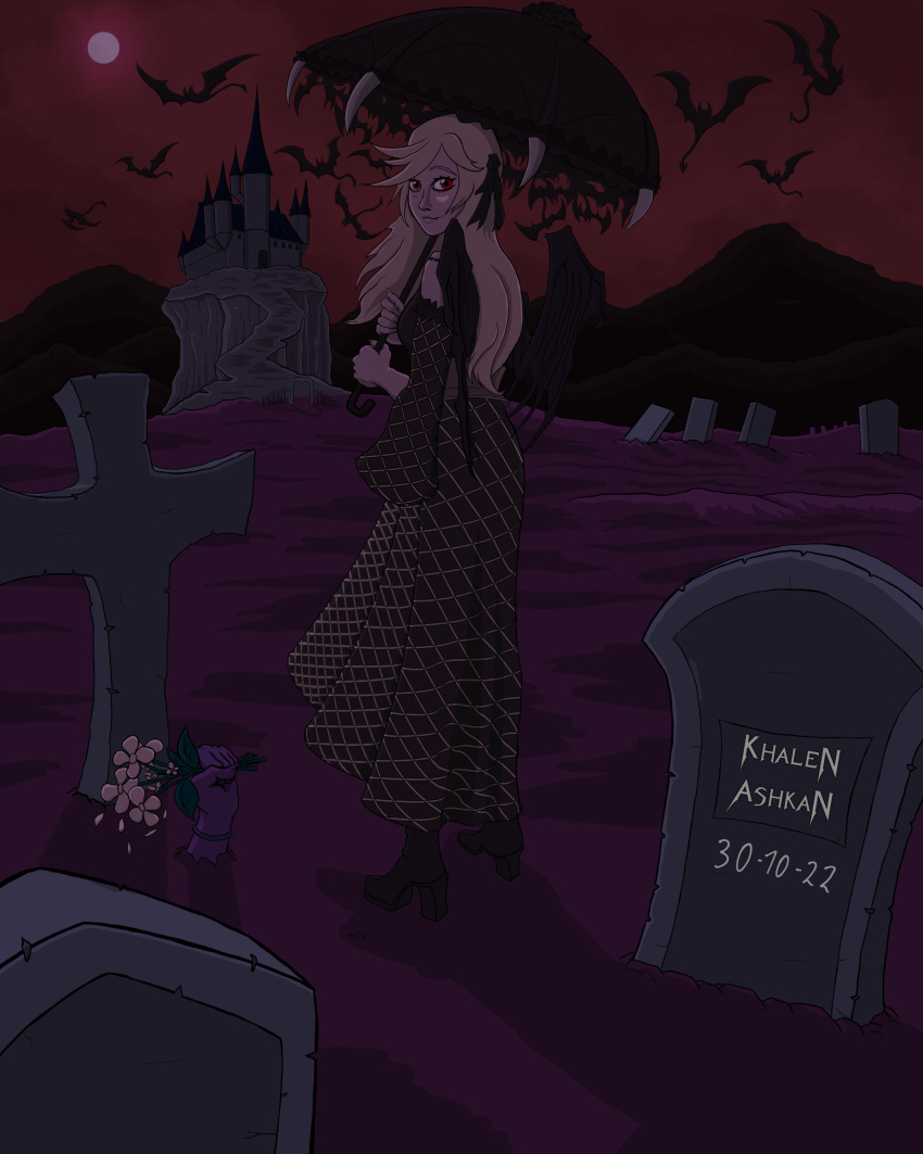 absurdres, arm_scrunchie, arm_up, bat_(animal), bat_wings, castle, cementery, cracked_skin