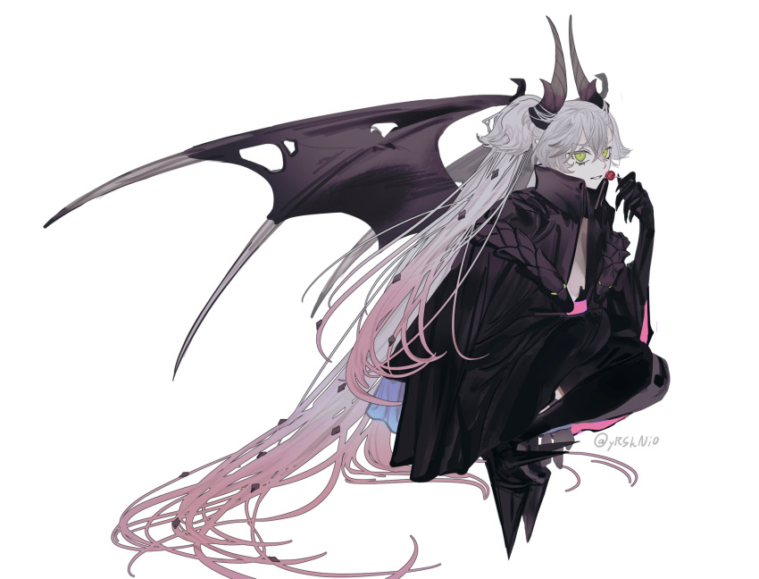 1girl, absurdly_long_hair, artist_name, bat_wings, black_wings, candy, demon_girl, demon_horns, diamond_(shape), diamond_hair_ornament, double-parted_bangs, elbow_rest, fate/grand_order, fate_(series), food, full_body, gradient_hair, green_eyes, hair_between_eyes, highres, holding, holding_candy, holding_food, holding_lollipop, horns, kneeling, lilith_(fate), lilith_(second_ascension)_(fate), lollipop, long_hair, multicolored_hair, pink_hair, popped_collar, simple_background, solo, twintails, twitter_username, two-tone_hair, very_long_hair, white_background, white_hair, wings, wo_do