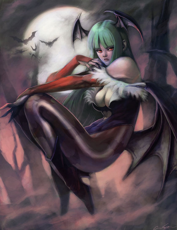 bat_wings, boots, breasts, cleavage, cuson, demon_girl, elbow_gloves, fingerless_gloves