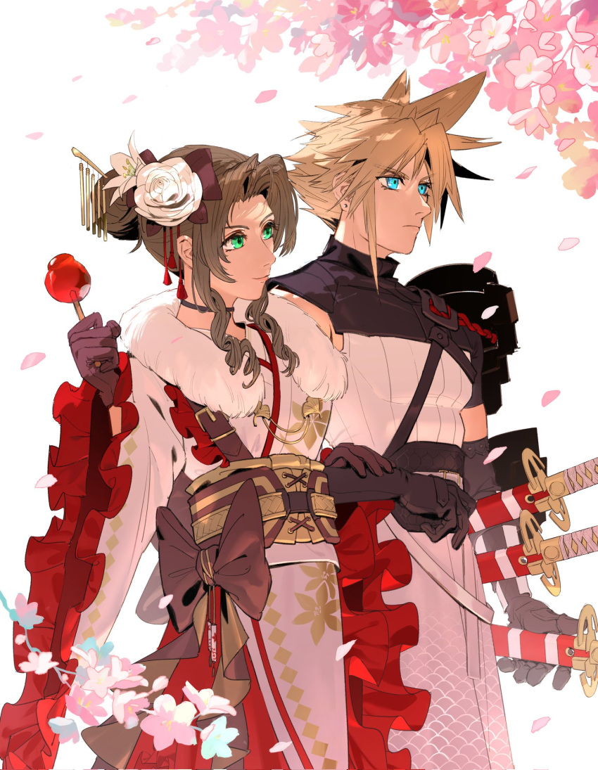 1boy, 1girl, aerith_gainsborough, aerith_gainsborough_(festive_crimson_attire), aqua_eyes, armor, black_choker, black_gloves
