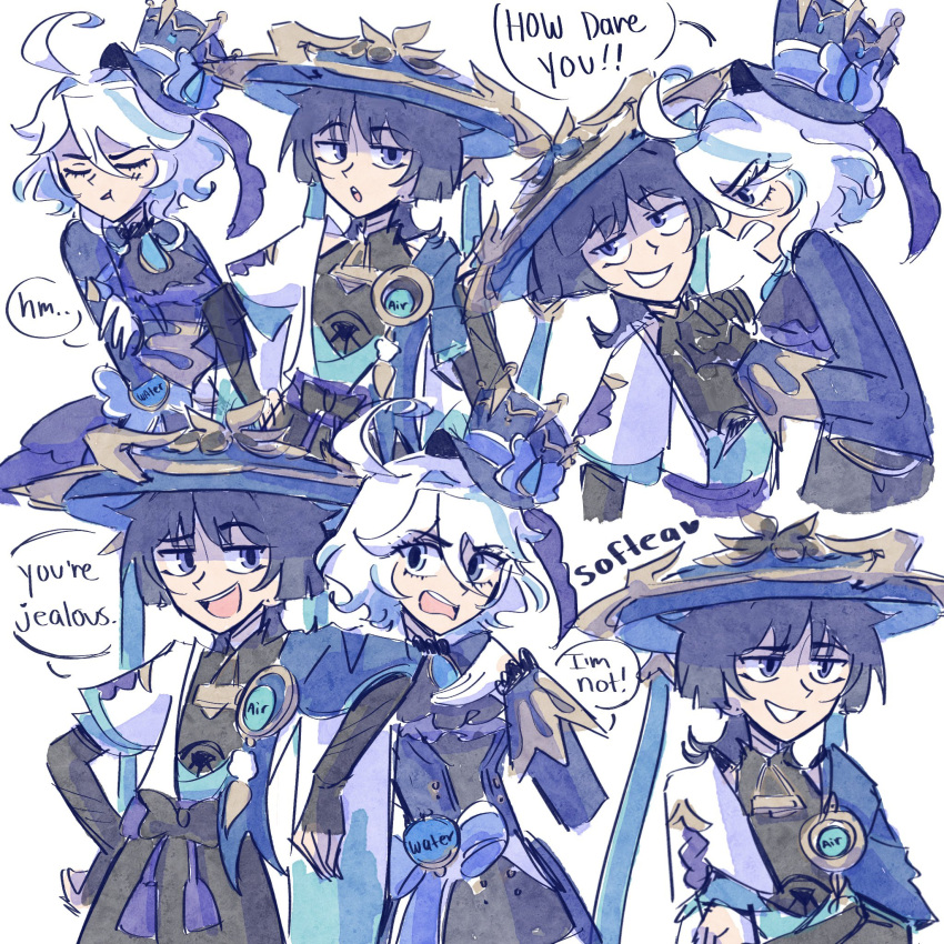 1boy, 1girl, ahoge, aqua_gemstone, ascot, asymmetrical_gloves, averting_eyes, black_ascot