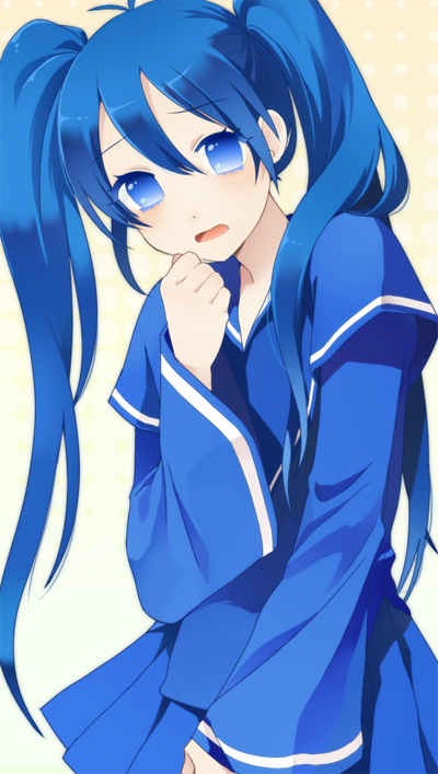 antenna_hair, blue_eyes, blue_hair, csikity, hand_on_chin, hand_to_chin, imaichi_moenai_ko, kobe_shinbun, long_hair, open_mouth, skirt, solo, twintails