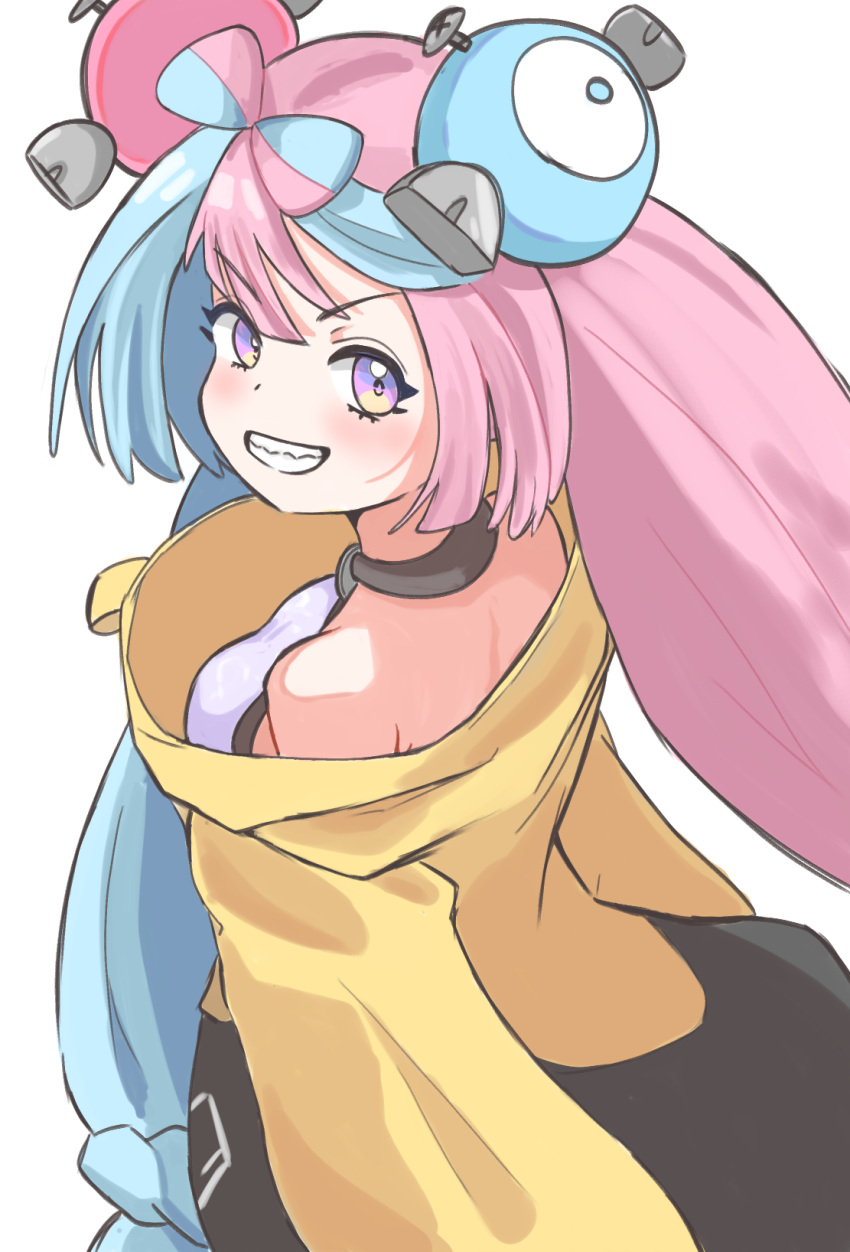 1girl, back, bare_shoulders, blue_hair, blush, bow-shaped_hair, breasts, character_hair_ornament