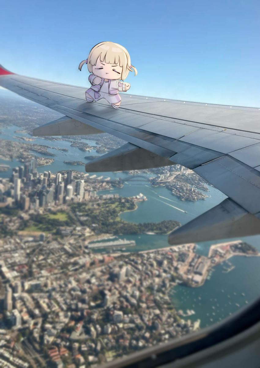 1girl, =_=, absurdres, aircraft, airplane, blue_sky, blurry, blurry_background