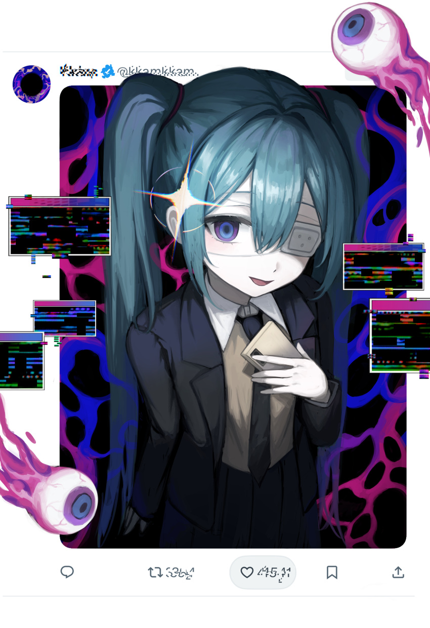 1girl, :d, absurdres, aqua_hair, arm_at_side, black_jacket, black_necktie, black_skirt