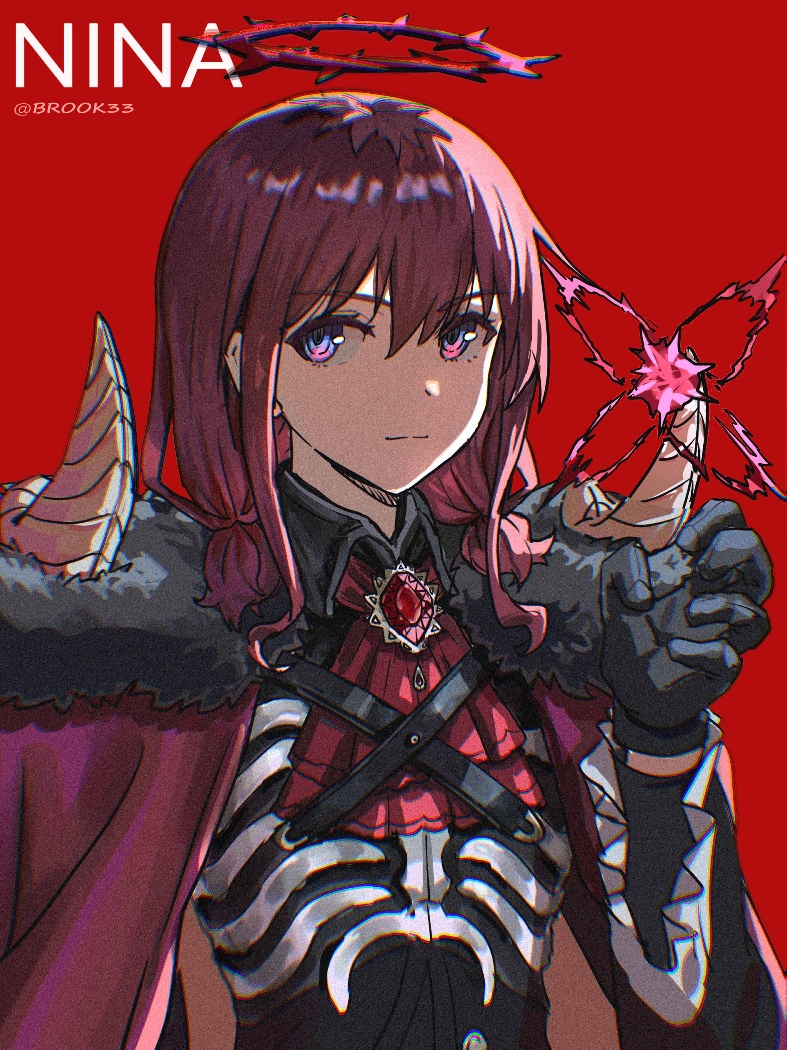 1girl, 33brook33, black_gloves, blue_eyes, cape, character_name, closed_mouth, commentary_request, girls_band_cry, girls_band_cry_rpg, gloves, hair_between_eyes, halo, horns, iseri_nina, looking_at_viewer, low_twintails, medium_hair, multicolored_hair, red_background, red_brooch, red_cape, red_hair, roots_(hair), sidelocks, simple_background, solo, twintails, upper_body