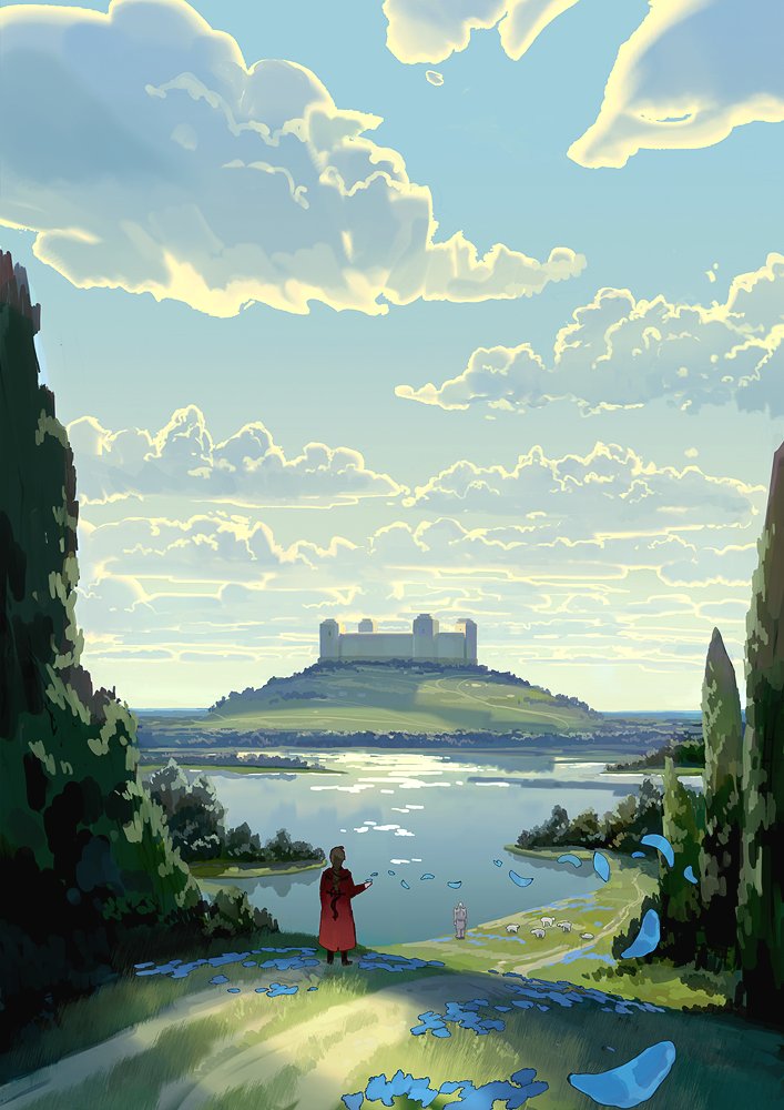 2boys, alphonse_elric, animal, blue_flower, blue_petals, blue_sky, braid, braided_ponytail