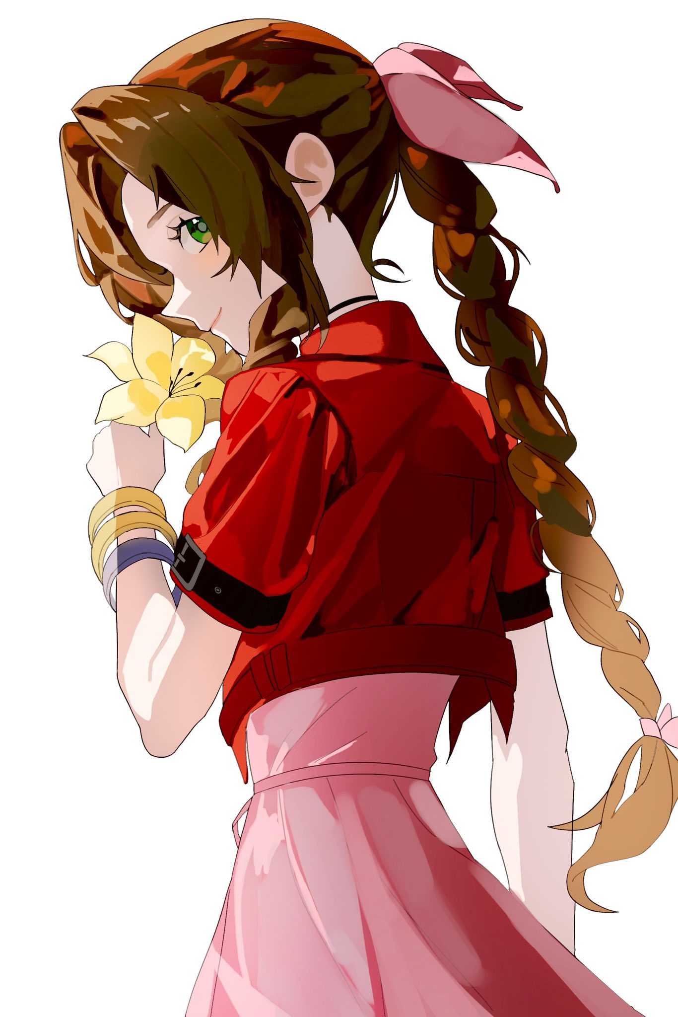 1girl, aerith_gainsborough, bangle, bracelet, braid, braided_ponytail, brown_hair, choker