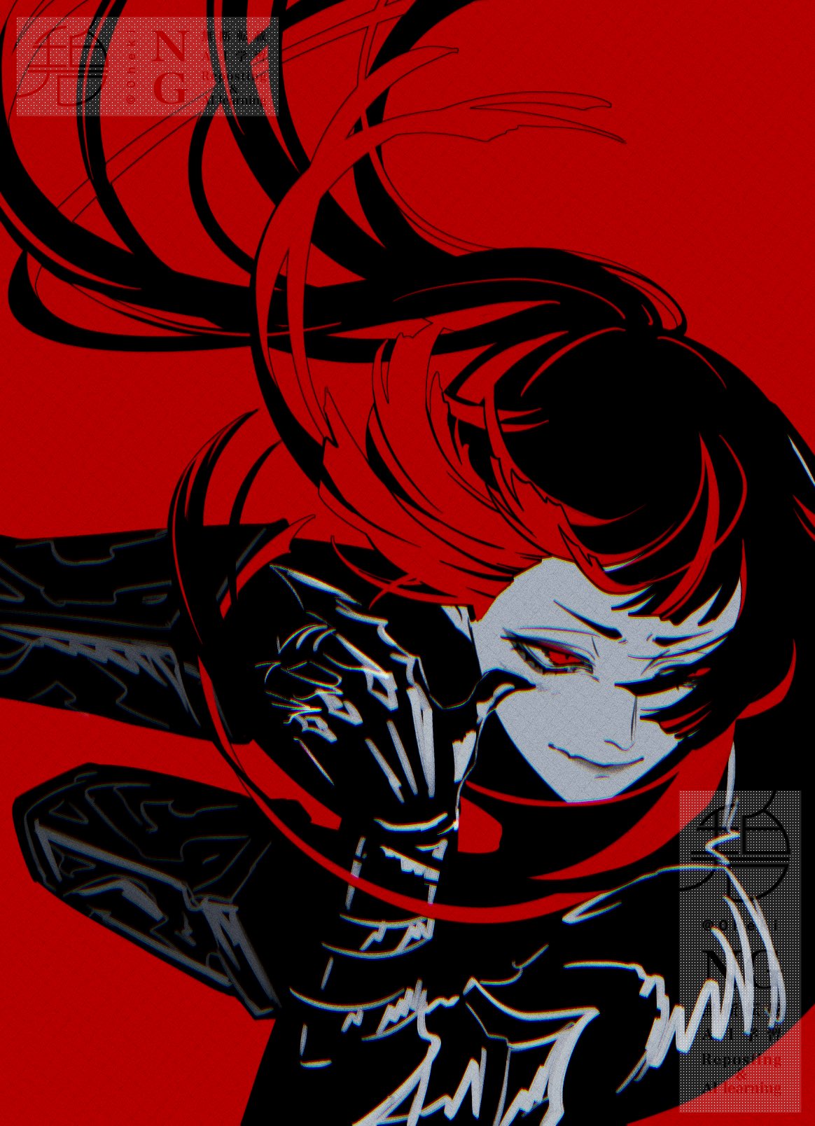 0heki, 1boy, armor, artist_logo, artist_name, blunt_bangs, blunt_ends, chromatic_aberration, closed_mouth, fang, film_grain, floating_hair, highres, lilia_vanrouge, limited_palette, logo, long_hair, looking_ahead, male_focus, monochrome, multicolored_hair, red_background, red_eyes, red_hair, red_theme, sidelocks, simple_background, skin_fang, smile, solo, twisted_wonderland, two-tone_hair, watermark, wiping_face