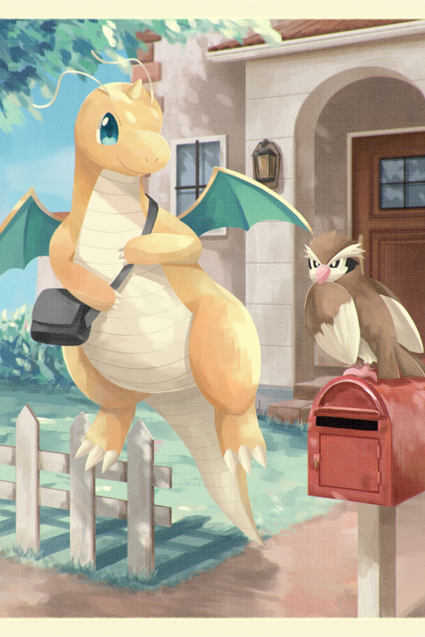 bag, beak, bird, blue_eyes, claws, closed_mouth, dragon, dragonite
