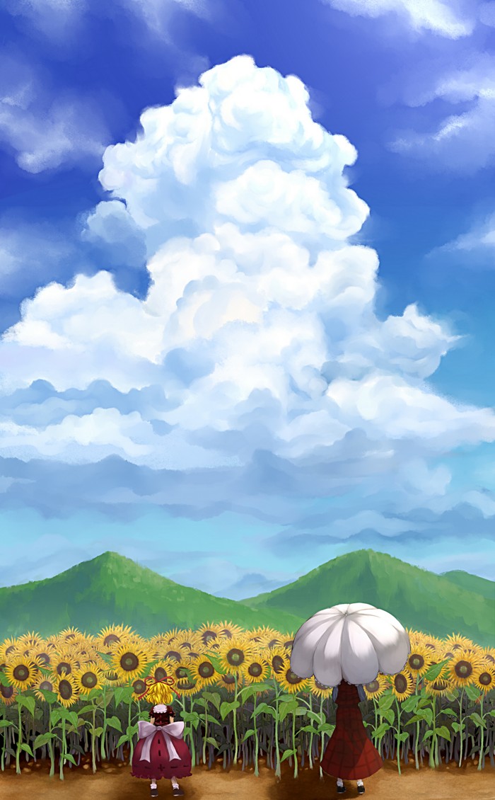 blonde_hair, child, cloud, clouds, dress, dress_shirt, flower, flower_field, from_behind, hair_ribbon, kazami_yuuka, medicine_melancholy, mountain, multiple_girls, parasol, red_dress, ribbon, shirt, sky, standing, sunflower, tatsumoto, touhou, umbrella, youkai