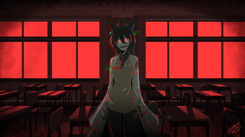 1girl, absurdres, agnes_tachyon_(umamusume), ahoge, animal_ear_piercing, animal_ears, black_necktie, black_pants