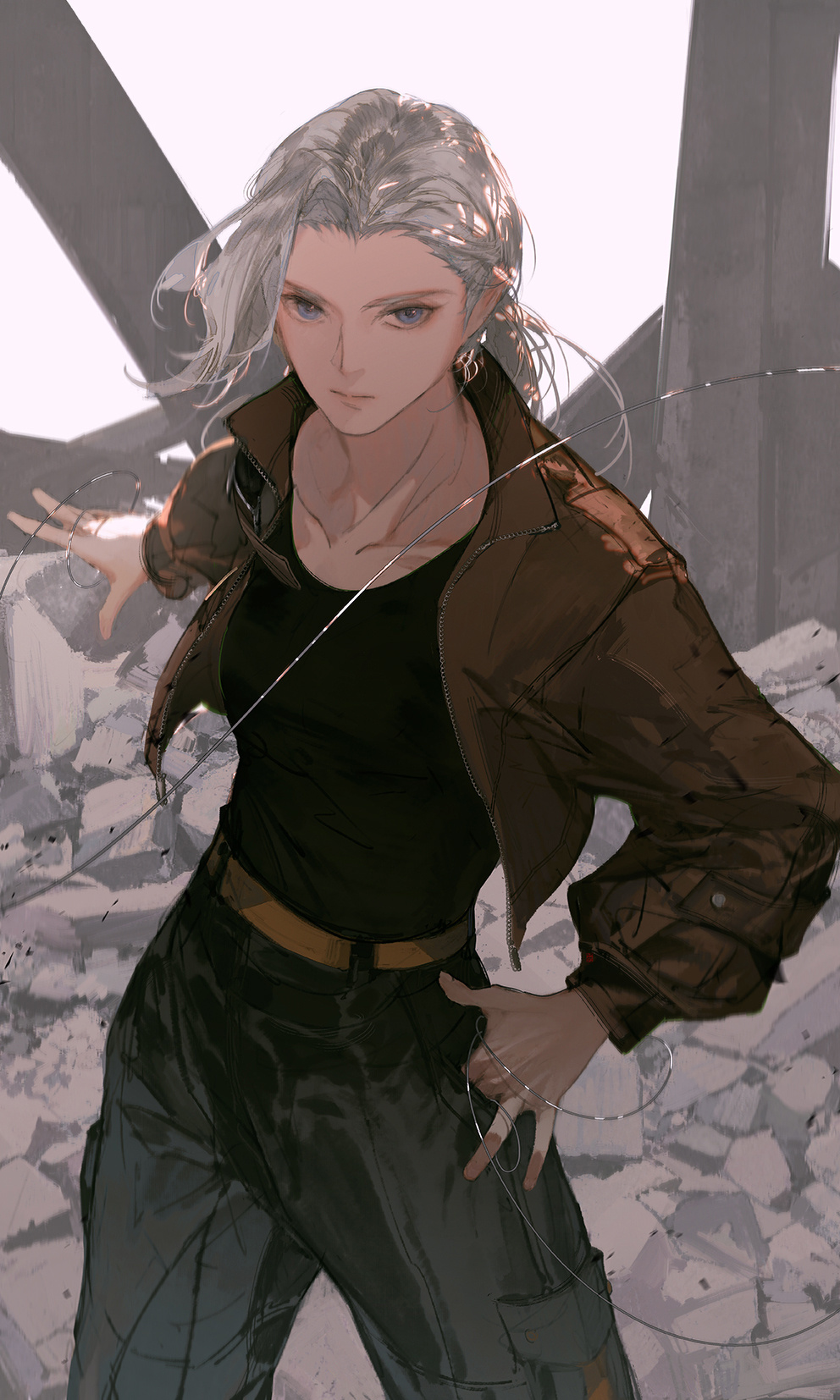 1girl, asymmetrical_hair, black_shirt, blue_eyes, brown_jacket, chinese_commentary, closed_mouth, commentary_request, cowboy_shot, curtained_hair, expressionless, grey_hair, hand_in_pocket, highres, ibuki_satsuki, jacket, looking_at_viewer, luo_xiaohei_zhanji, luye_(the_legend_of_luoxiaohei), open_clothes, open_jacket, pants, shirt, solo