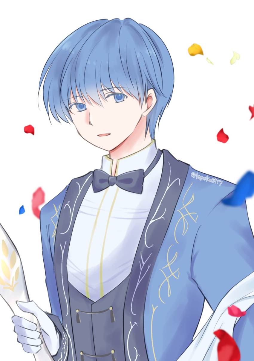 1boy, black_bow, black_bowtie, blue_eyes, blue_hair, blue_jacket, bow, bowtie