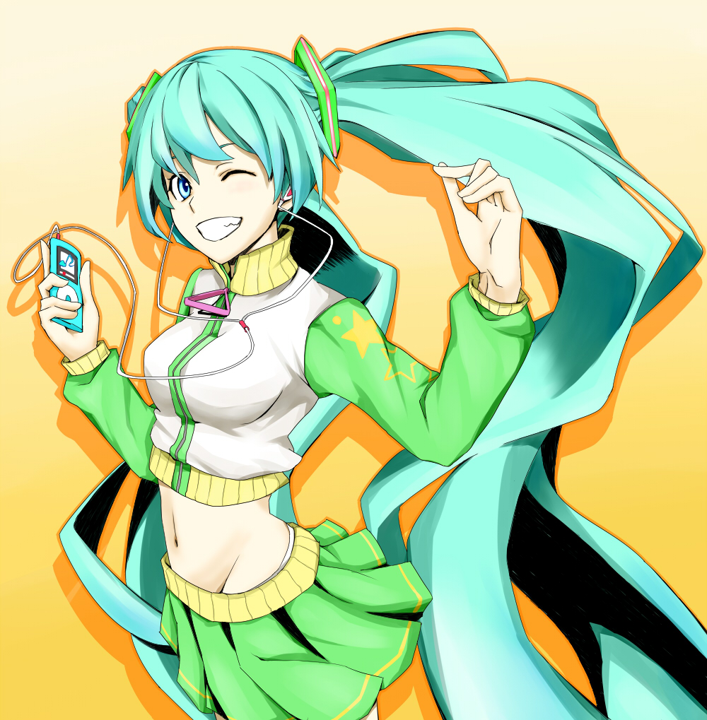 1girl, aqua_eyes, aqua_hair, digital_media_player, earbuds, earphones, grin, hatsune_miku