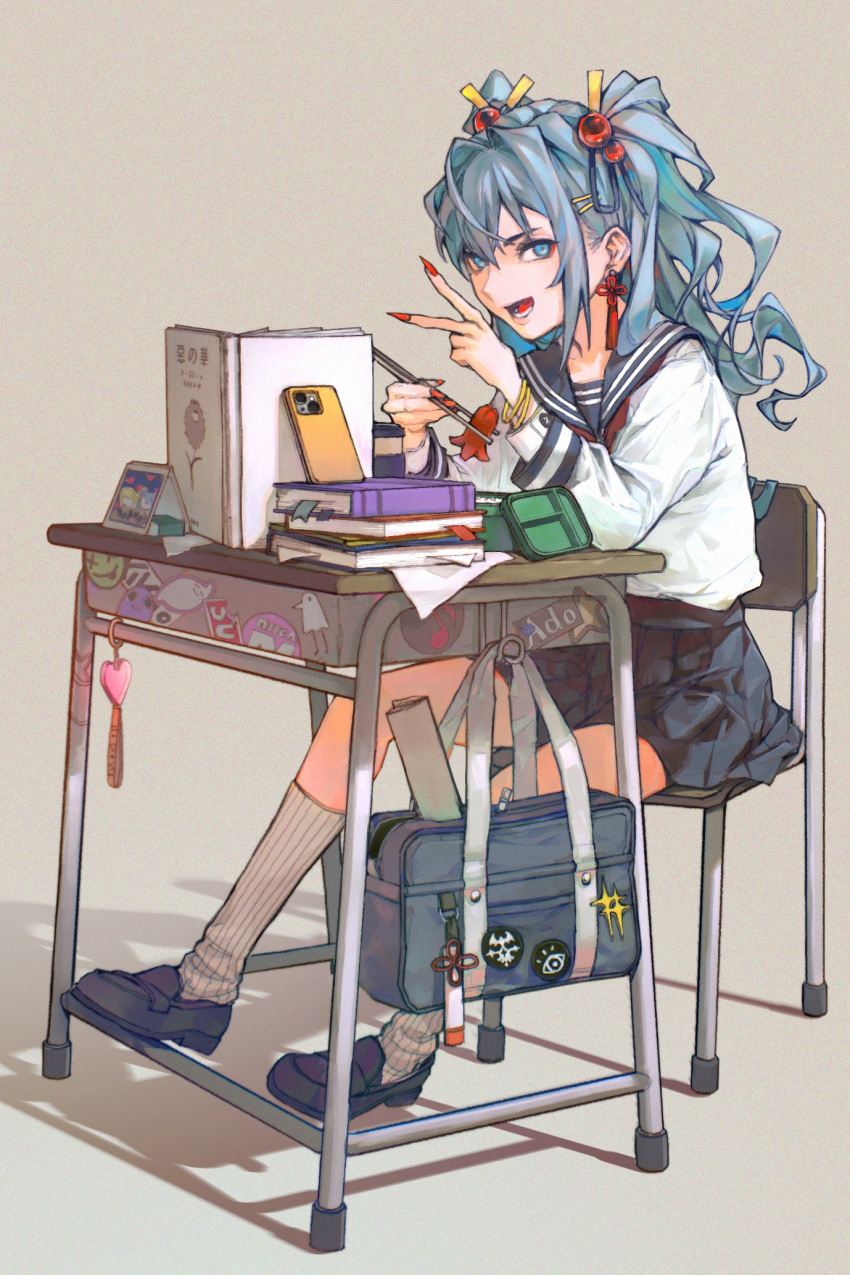 1girl, :d, aqua_eyes, aqua_hair, bag, bangle, bento, black_skirt