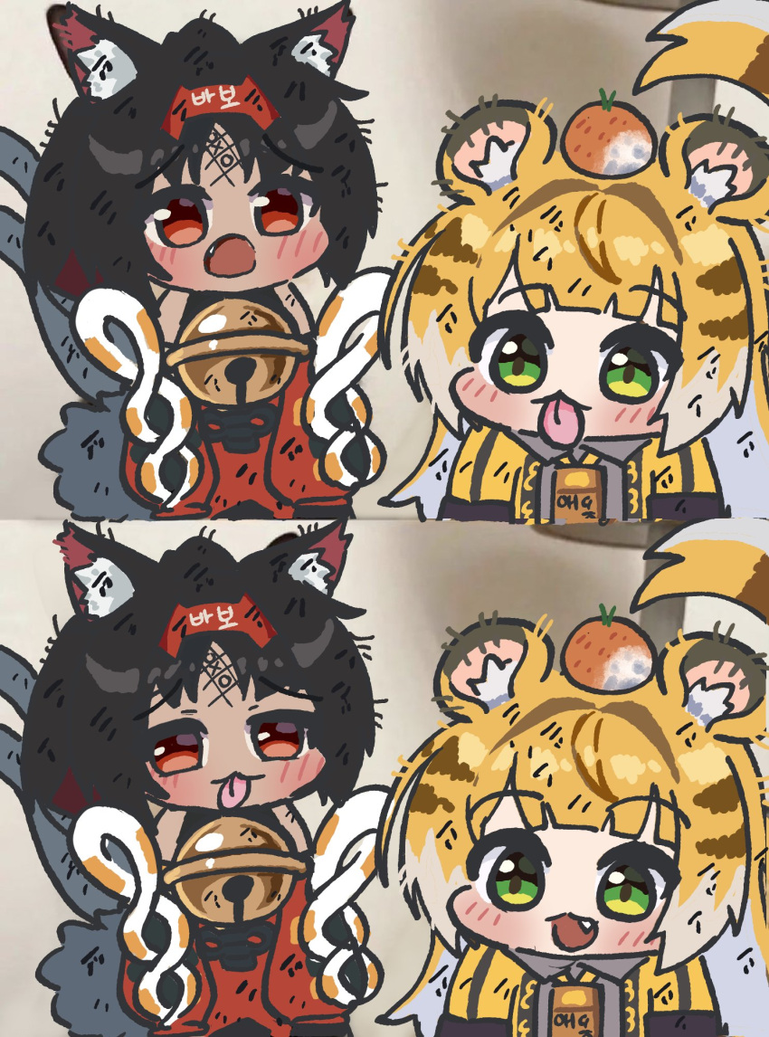 2girls, :3, animal_ear_fluff, animal_ears, bell, black_hair, blonde_hair, bluebird_(leh951025)